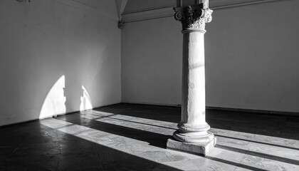 Monochrome Photograph of a Stone Pillar in a Room with Sunlight Streaming Through