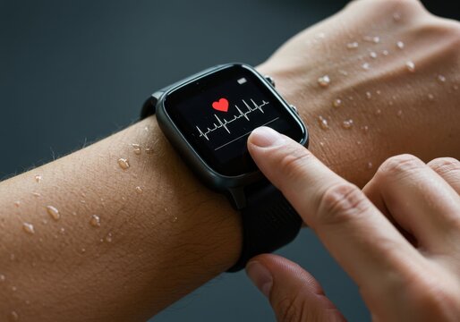 Man checking his heart rate on a smartwatch. Health monitoring technology for fitness, exercise, and wellness concept.