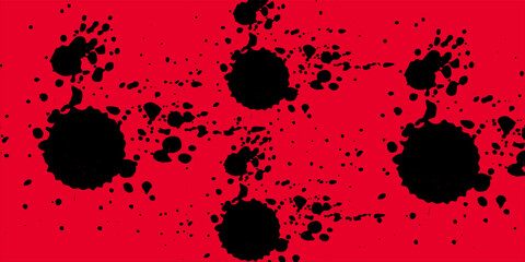a set of black ink splatters on a red background, black ink splashes, Black grunge ink splatter vector illustration