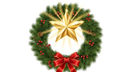 Green and red Christmas wreath decoration on a white background with pine branches and ornaments