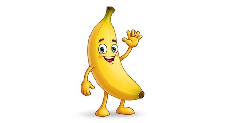 A funny yellow banana cartoon character illustration with a happy face, isolated on white background, drawn in vector art