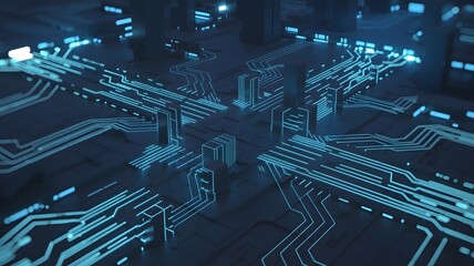 Intricate glowing blue circuit board pathways with complex connections and digital data flow