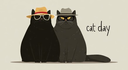 In a captivating minimalist artwork, two debonair black cats adorned with cool fedoras, dark shades, and stylish white bow ties are depicted sitting together in celebration of Cat Day