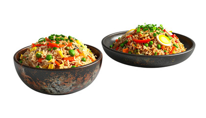 Two spicy fried rice presentation styles from Asian cuisine isolated on transparent background.