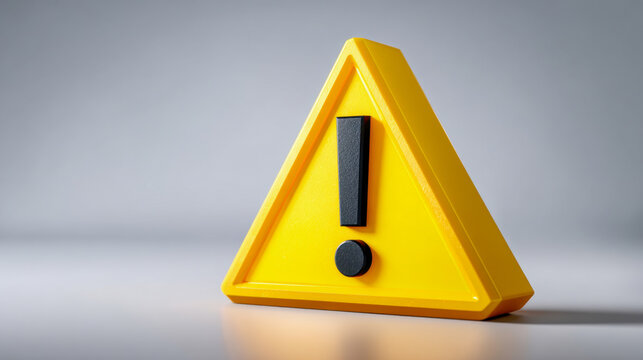 Yellow triangular warning sign with black exclamation mark symbolizing caution and alertness against a smooth gray background in safety concept image