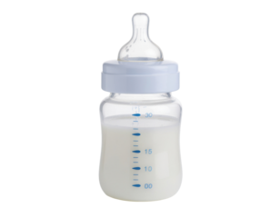 A sleek baby bottle filled with liquid, featuring measurement markings and a soft nipple for feeding infants.