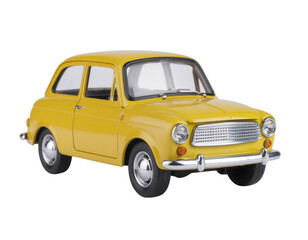 A bright yellow model car with distinctive round headlights and a classic design, showcasing its detailed features and charming appearance.