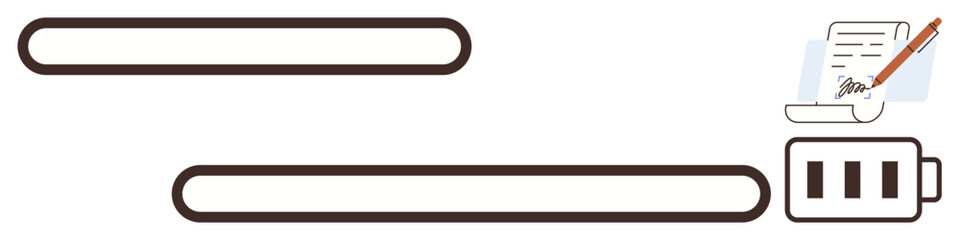 Horizontal progress bars, a writing paper with a pen, and a battery depicting work, efficiency, energy, and advancement. Ideal for productivity, project planning, focus resource management