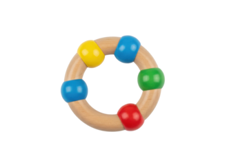 A colorful wooden toy ring featuring four distinct colored beads, designed for infants and young children to enhance sensory play.