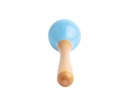 A wooden handle maraca with a glossy blue ball-shaped head designed for musical play. - Powered by Adobe