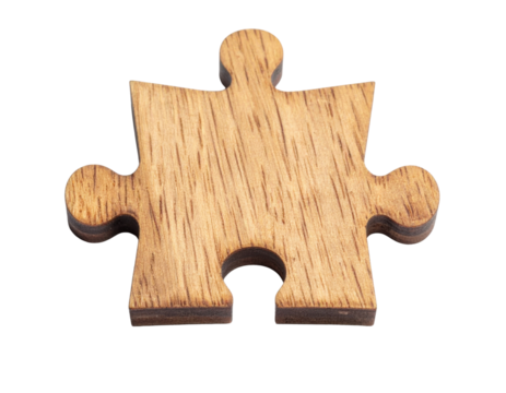 A wooden puzzle piece with a unique shape, showcasing a natural grain pattern.