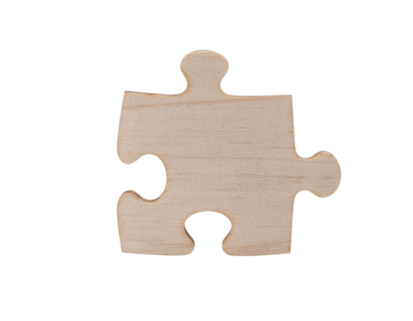 A single wooden puzzle piece, featuring unique interlocking edges and a smooth, light-colored surface.