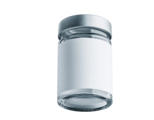 A sleek glass jar with a silver lid, featuring a blank white label for customizable labeling or branding.