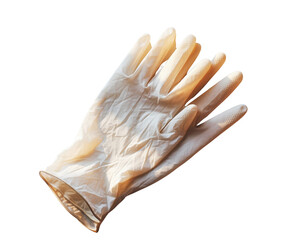 A single-use glove made of latex, featuring textured fingertips and a crinkled appearance, designed for hygiene and safety.