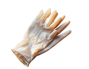 A single-use glove made of latex, featuring textured fingertips and a crinkled appearance, designed for hygiene and safety.