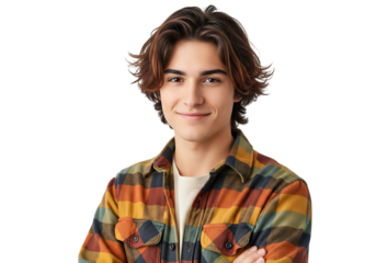 Young man wearing a plaid shirt smiles confidently with arms crossed studio portrait isolated on transparent background