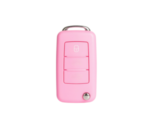 A pink car key fob featuring three buttons for locking and unlocking functions.