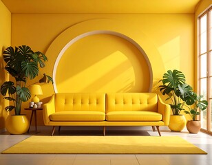 Modern yellow room with sofa, plants, arch, and sunlight