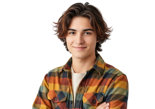 Young man wearing a plaid shirt smiles confidently with arms crossed studio portrait isolated on transparent background - Powered by Adobe
