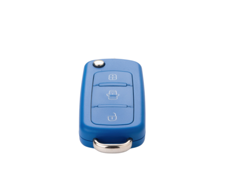 A blue car key fob featuring three buttons, designed for remote access to a vehicle.