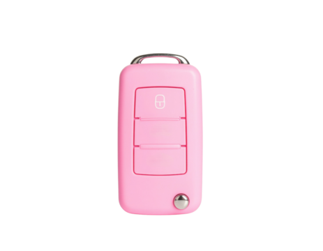 A pink car key fob featuring three buttons for locking and unlocking functions.