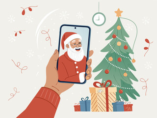 Person hold cellphone talk on video call with Sant a Claus on home, Speaking with Christmas father on virtual webcam event on smartphone. New Year. Vector illustration.