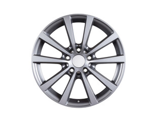A silver alloy wheel featuring a sleek design with multiple spokes and a central hub.