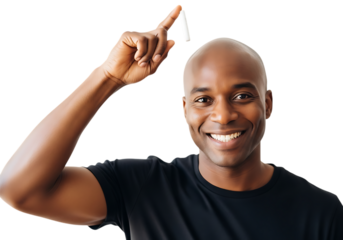 Man holding chalk upward smiling enthusiastic idea inspiration concept isolated on transparent background