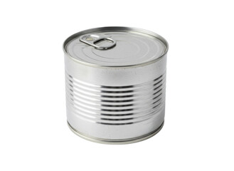 A shiny, silver canned food container with a pull-tab lid, featuring a ribbed design around its body.