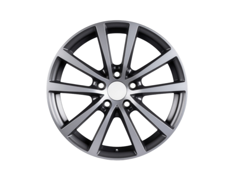 A sleek, modern alloy wheel with a multi-spoke design, showcasing a polished finish and a central hub.