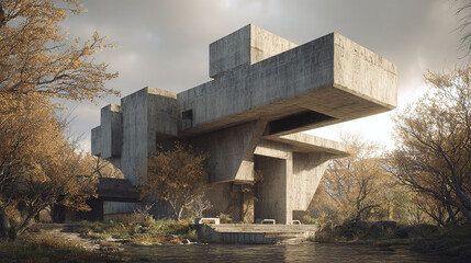 Fototapeta premium An imposing concrete architectural structure juxtaposed with a tranquil natural setting, showcasing modern design and environmental harmony