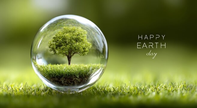 The Earth Day celebration on April 22 features a tree in a glass orb situated on green grass, highlighting the importance of environmental awareness and conservation of nature in the spring