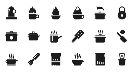 A versatile set of kitchen and cooking glyph icons, featuring symbols for cookware, utensils, and food preparation for graphic design projects