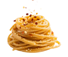 Crushed red pepper flakes falling onto spaghetti pasta, realistic texture