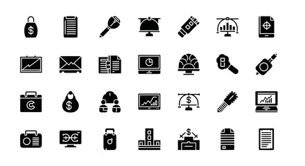 A modern glyph icon set for business development, featuring symbols for finance, data analytics, and marketing strategy
