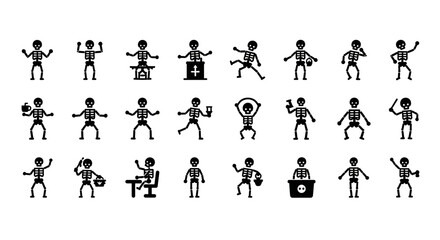 Set of businessman character icons showing various corporate poses and actions. A collection of pictograms representing office ingenuity
