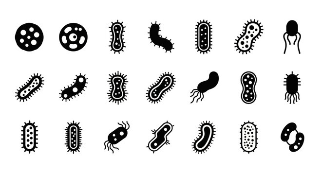 Collection of infectious disease and microbiology symbols, bacteria and virus icons for scientific and medical design elements