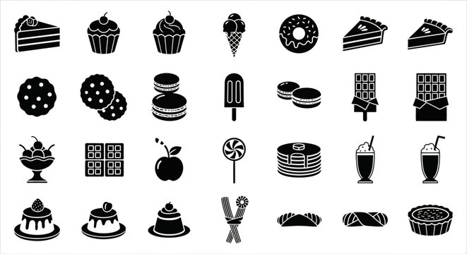Simple collection of monochrome sweet food and dessert icons. A creatively designed vector glyph set for bakery, pastry, and confectionery themes