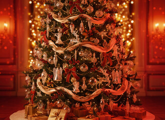 Luxurious Christmas tree with glass ornaments,  gifts under the tree in a cozy sunlit living room.