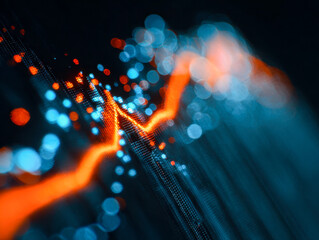 Abstract futuristic digital graph with glowing orange and blue bokeh lights representing data analysis and dynamic market trends on dark background