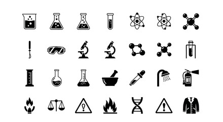 A comprehensive set of black solid glyph icons representing chemistry, scientific research, and laboratory safety symbols