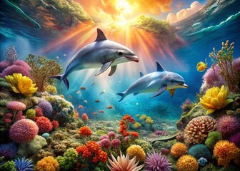 Dolphins & Coral Reef: Vibrant Underwater Scene Stock Photo