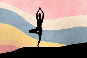 Yoga Tree Pose Silhouette on Abstract Pastel Background Graphic Illustration