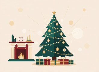 Elegant Christmas tree in a cozy living room by the fireplace, warm garland