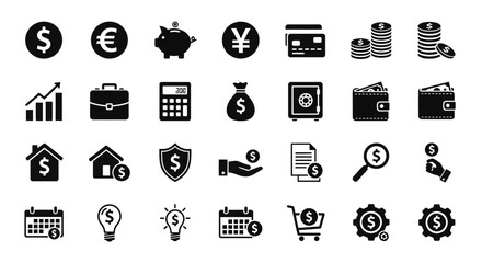 A comprehensive set of universal glyph icons representing financial management, economic growth, currency, savings, and investment strategies