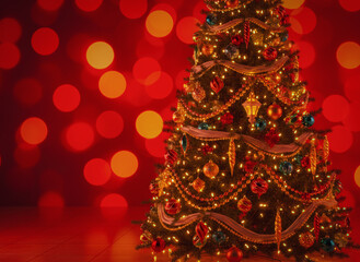 Luxurious Christmas tree with glass ornaments,  gifts under the tree in a cozy sunlit living room.