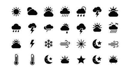 A versatile set of solid black weather forecast glyph icons, showing various meteorological conditions like sun, rain, storms, and wind for UI design