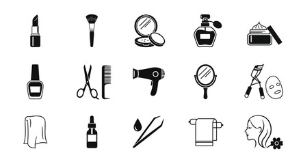 Vector glyph icon collection of personal care tools, makeup accessories, and hairdressing equipment for beauty salon and spa services