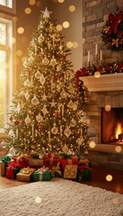 Elegant Christmas tree in a cozy living room by the fireplace, warm garland, sparkling glass toys and golden ribbon, gifts under the tree