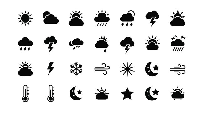 A versatile set of solid black weather forecast glyph icons, showing various meteorological conditions like sun, rain, storms, and wind for UI design